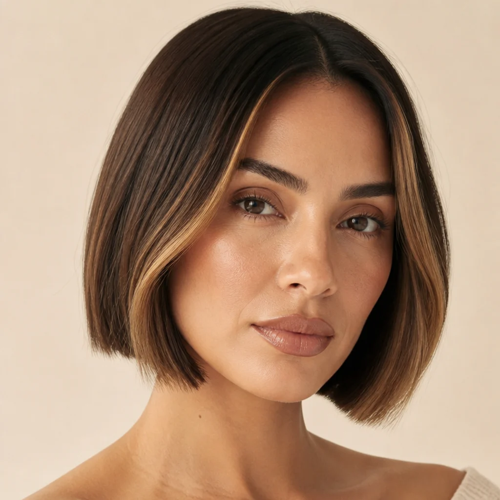 Front view of a chin-length dimensional brunette bob with warm caramel money pieces framing the jawline against a level five base