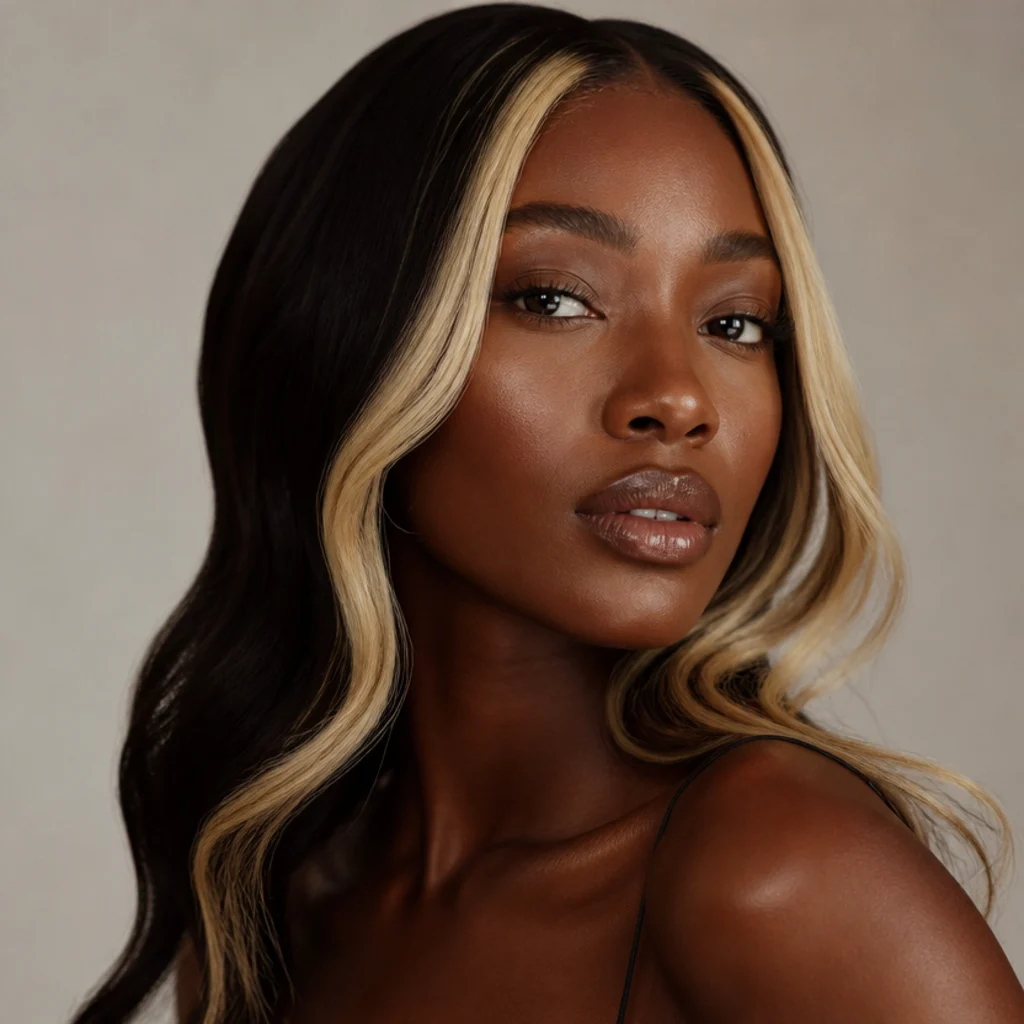 Three-quarter view of a dark brunette model with high-contrast bright blonde money pieces framing the face against a deep level three base