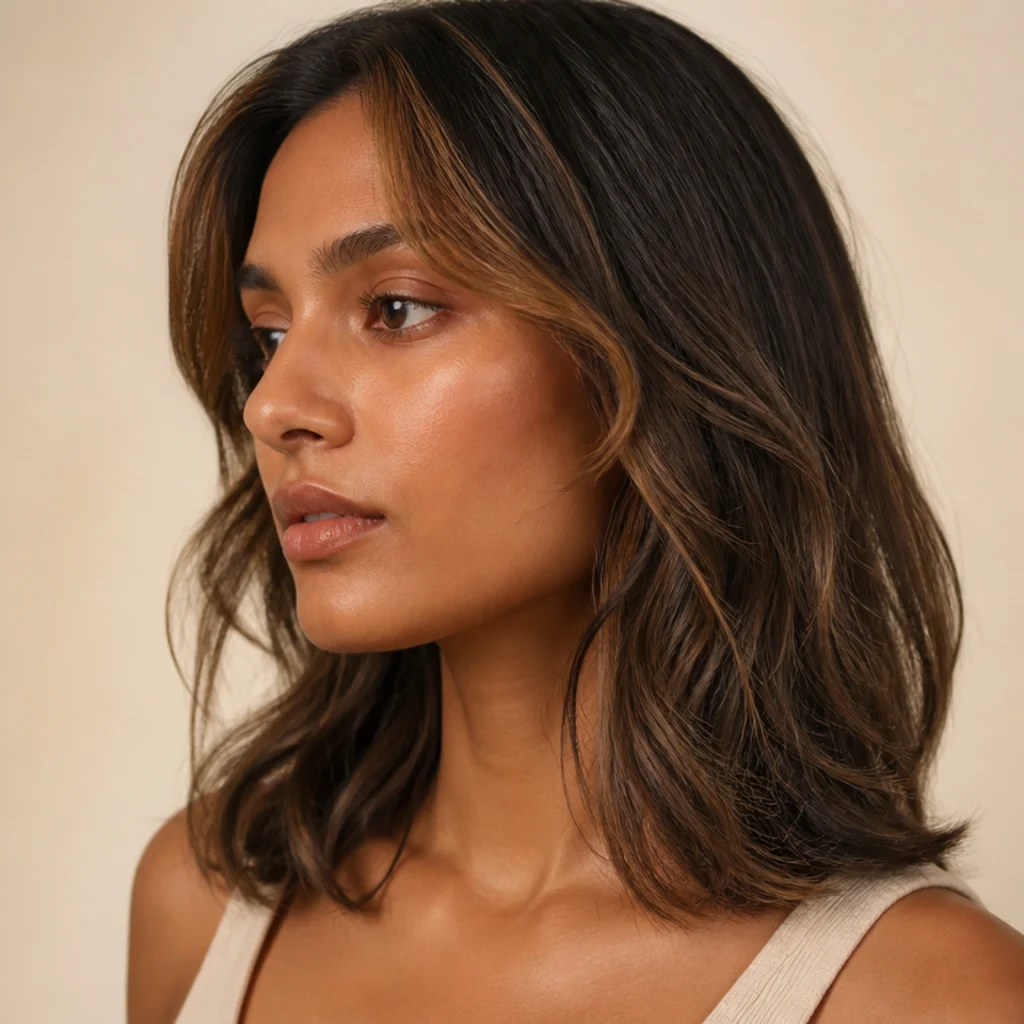 Side-angle view of a brunette model with a rich cool mocha base and warm toffee-toned money pieces framing the temples