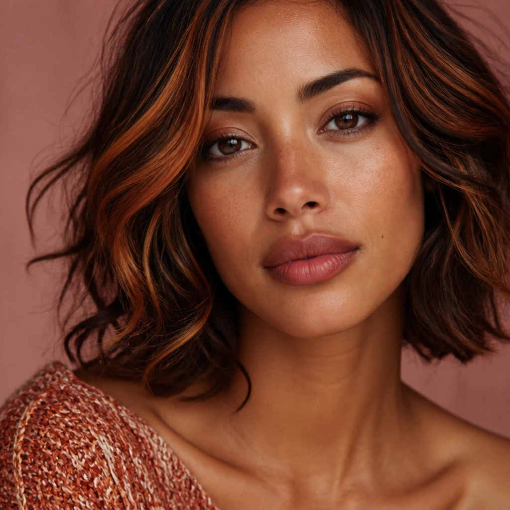 Front view of a warm brunette model with glowing copper money pieces framing the face over a golden-brown dimensional base
