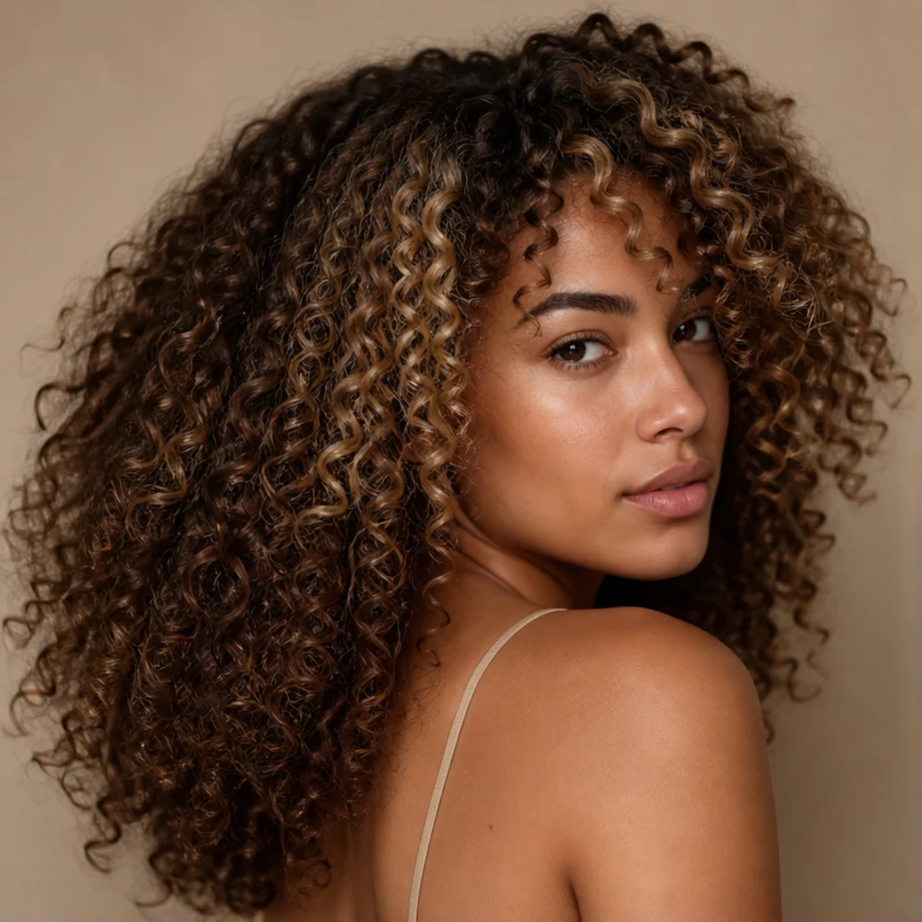 Back-to-side view of a curly brunette model showing multi dimensional brunette curls with bright warm money pieces at the front