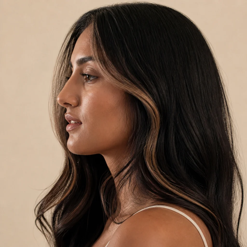 Side profile of a model with a deep espresso base and thin golden money-piece ribbons framing the face