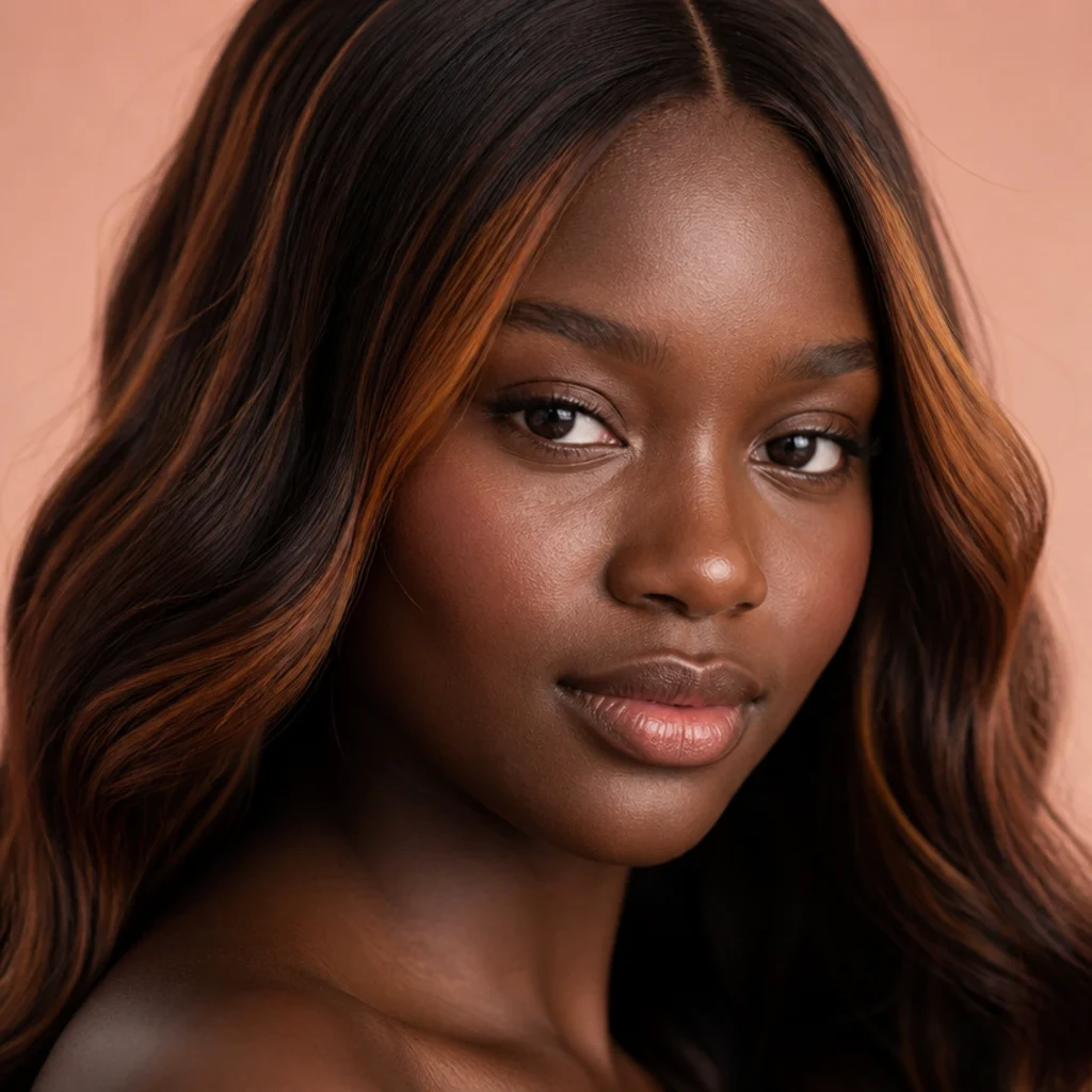 Front view of a deep-skin-toned brunette model with warm cinnamon money pieces framing the face