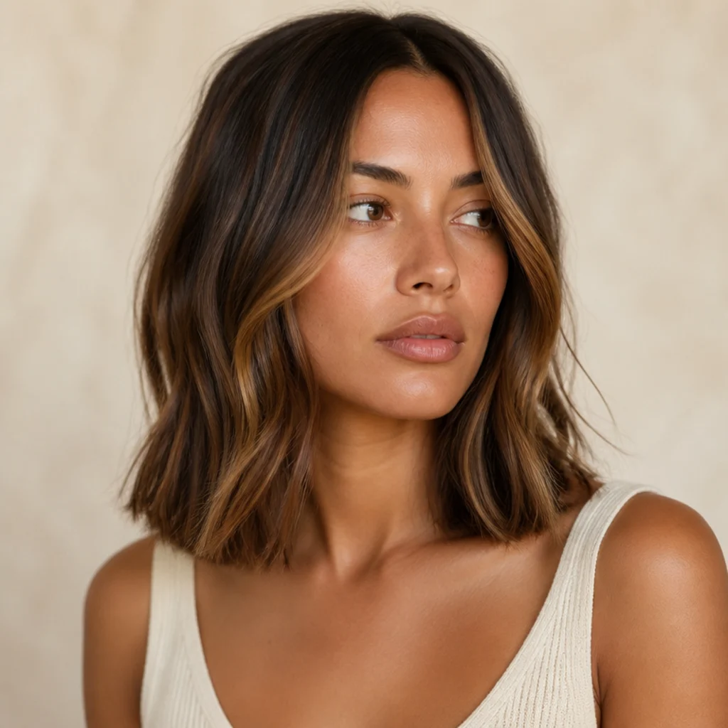 Three-quarter view of a shoulder-length long bob in dimensional brunette with warm caramel money pieces framing the face