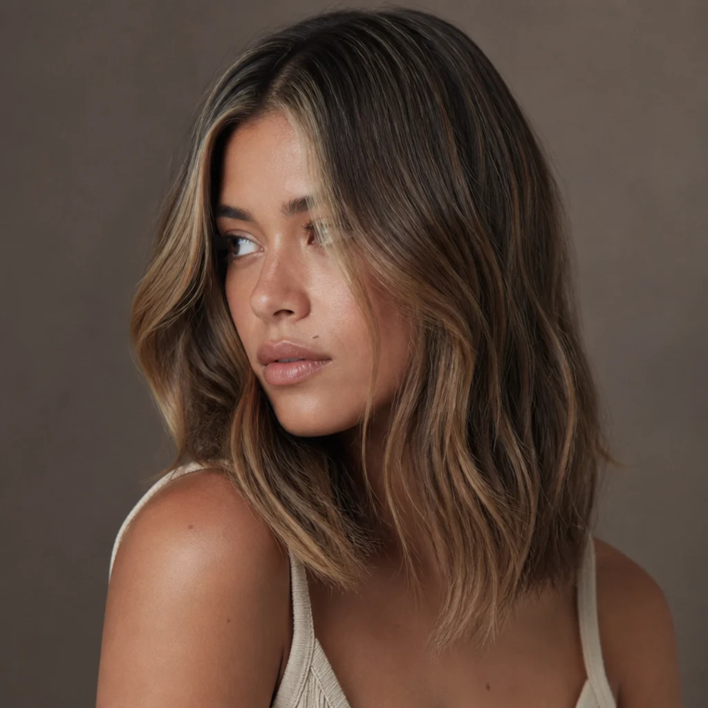 Side-angle view of a bronde model with blended brown-to-blonde money pieces framing the face