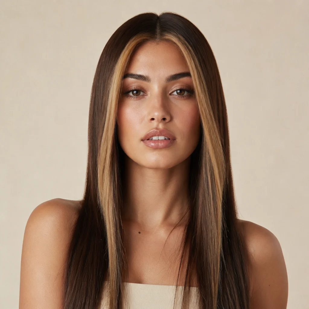 Front view of a brunette model with bold chunky 90s-style money pieces in warm blonde framing the face