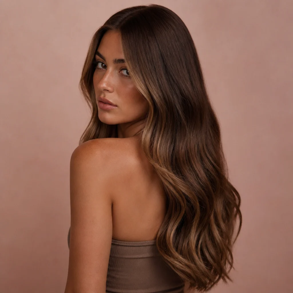 Back-to-side view of long dimensional brunette hair with money pieces at the front and soft balayage sweeping through the ends