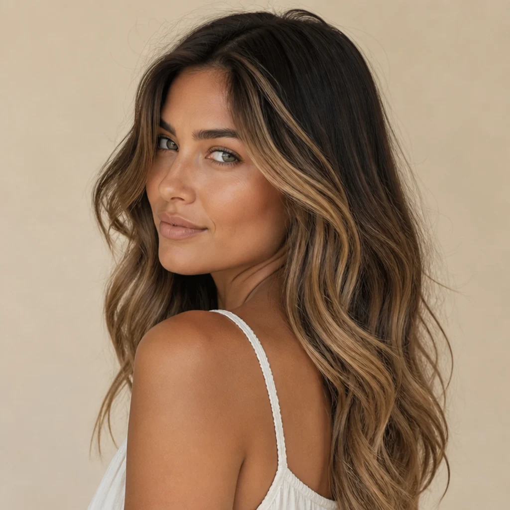 Three-quarter view of a brunette model with warm money pieces built on a deep smudged shadow root for low-maintenance grow-out