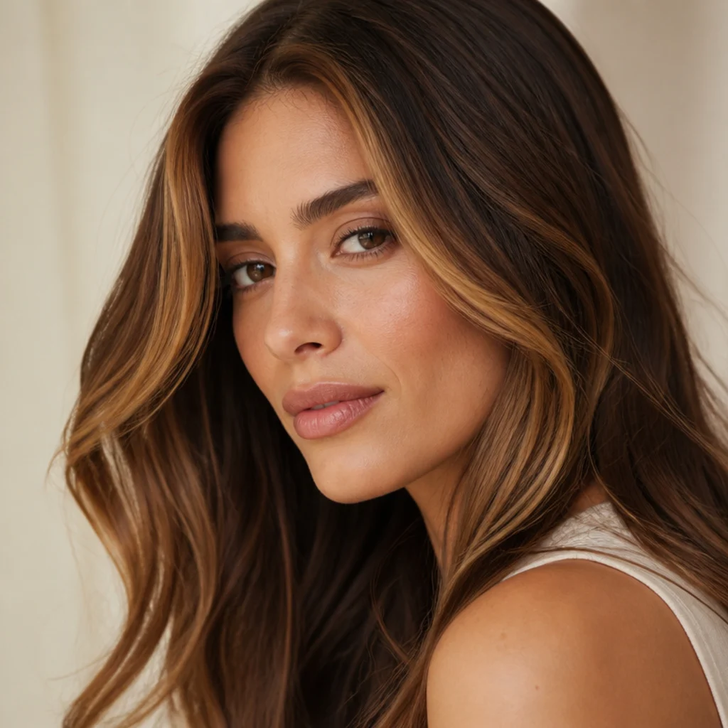 Three-quarter view of a brunette model with bright honey money pieces framing the face over multi-tonal dimensional brown hair