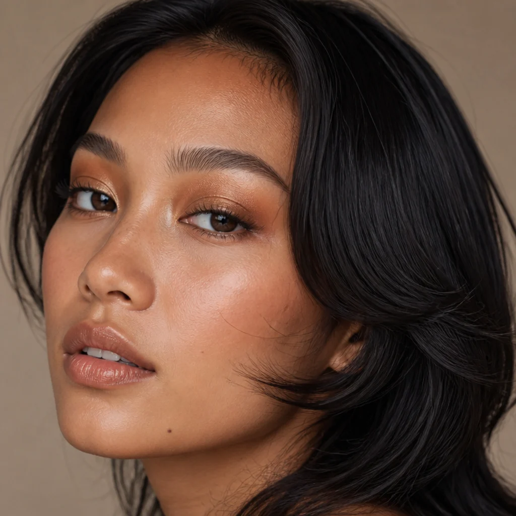 Three-quarter view of a model with a metallic bronze wash across the lid and a soft feathered flip framing the face, the signature 70s disco pairing