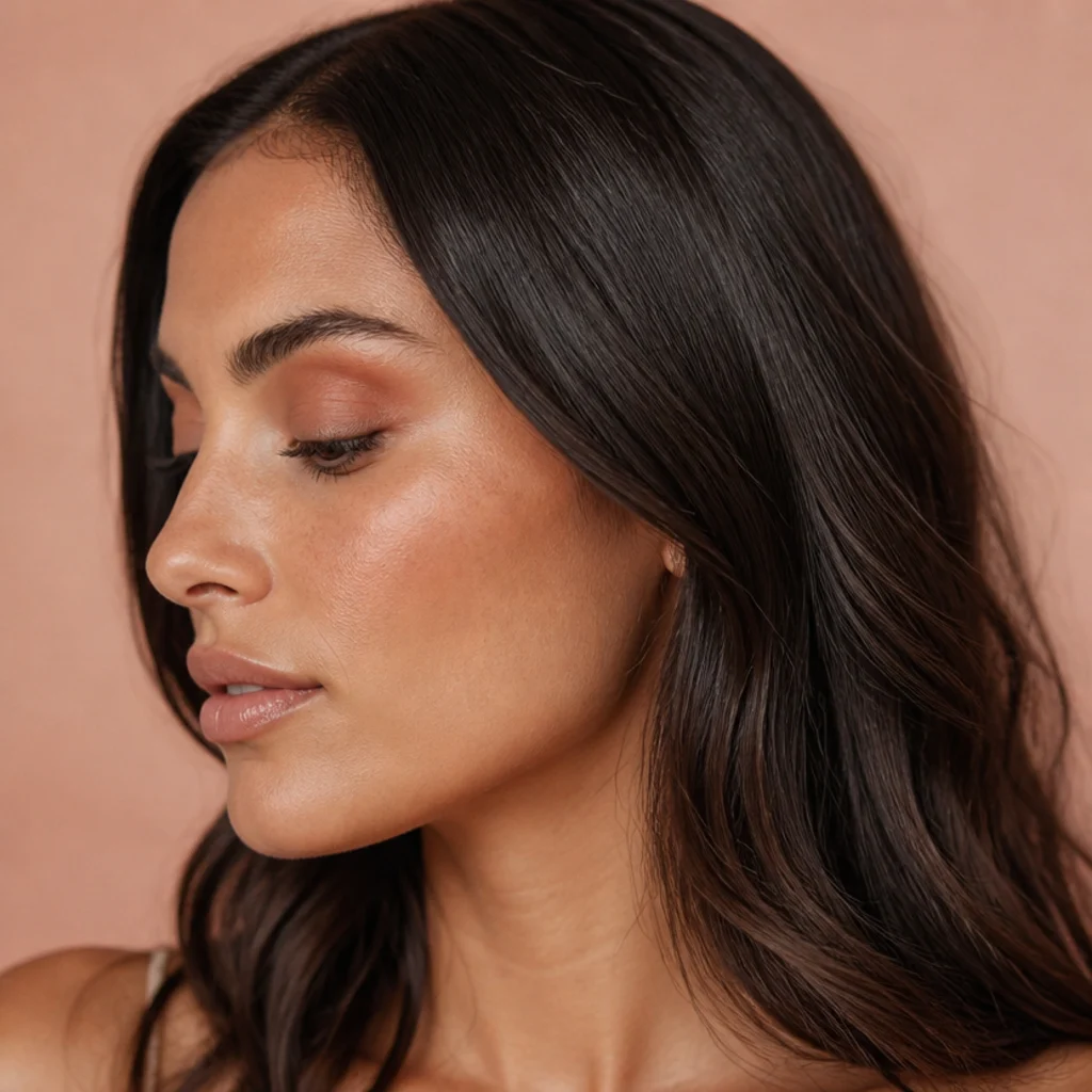 Side profile of a model with a deep russet crease blur and long center-parted S-waves, a soft entry point into 70s glam makeup