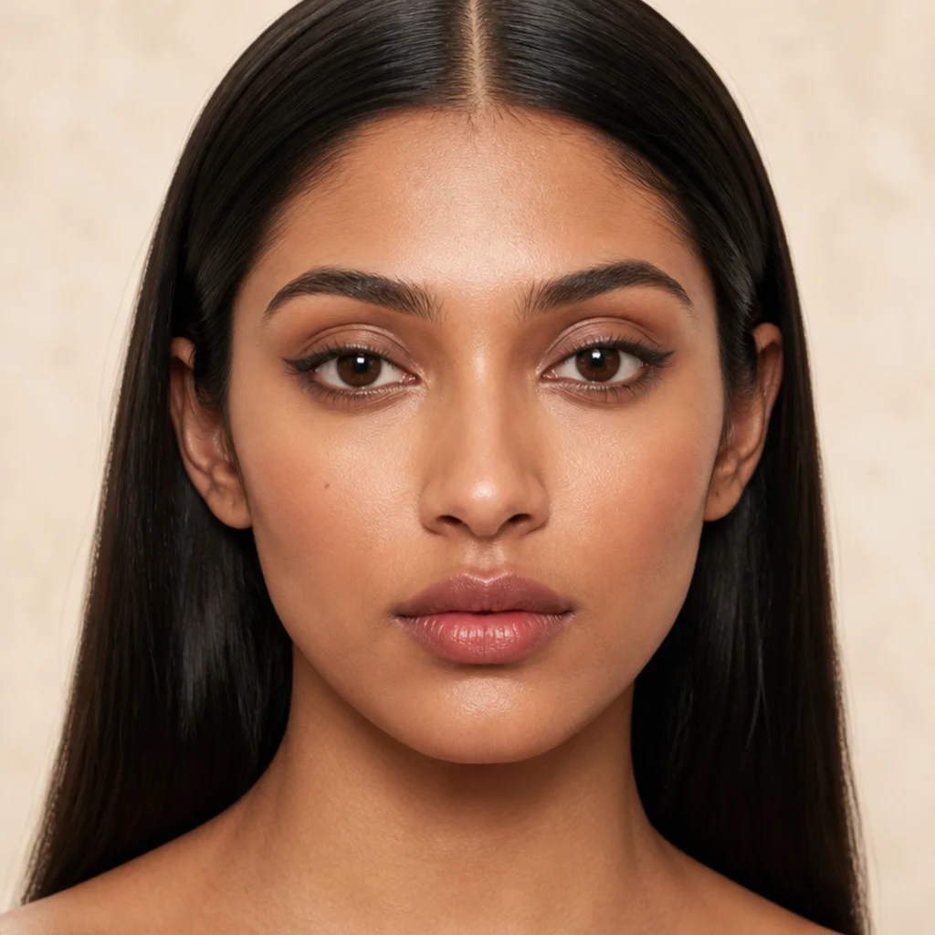 Front view of a model with a smooth taupe-brown lid, defined lower lashes, and poker-straight center-parted hair in classic Cher 70s style