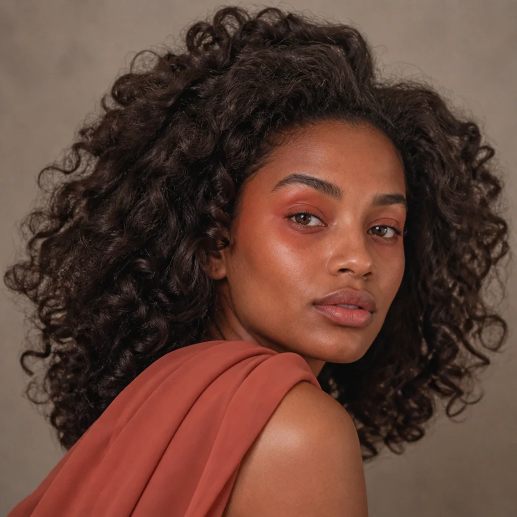 Three-quarter view of a model with terracotta blush swept from lid to cheekbone and full voluminous curls, a signature 70s draping look