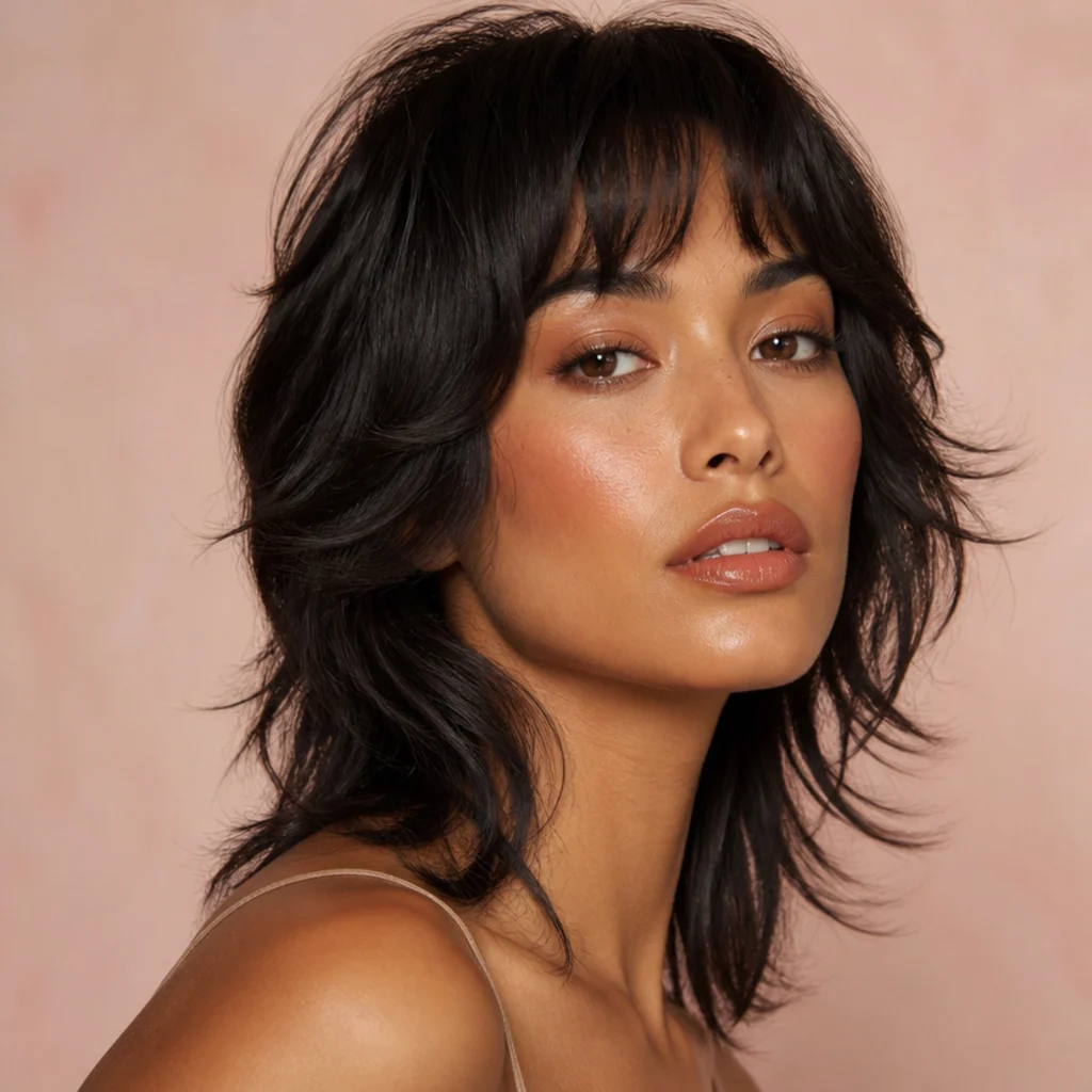 Three-quarter view of a model with a glossy peach lip, soft bronze eyes, and a choppy 70s shag haircut with a soft fringe