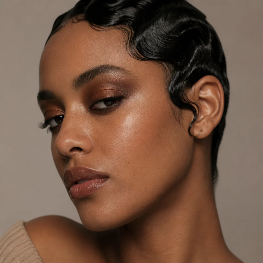 Side view of a model with a copper smoky eye and glossy, sculpted wet-look finger waves