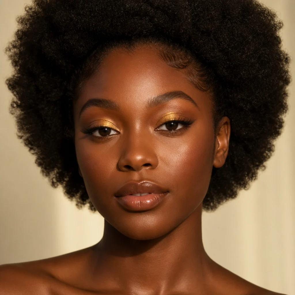 Front view of a model with a mustard-gold lid pop, glowing skin, and a rounded, picked-out natural afro