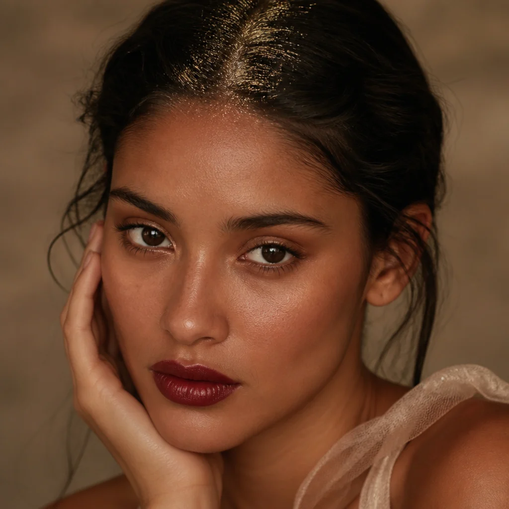 Close-up of a model with a deep berry lip and fine gold glitter dusted along the hair parting for full Studio 54 energy