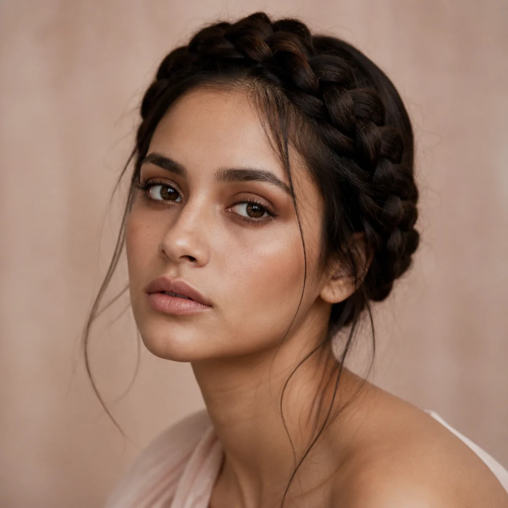 Three-quarter view of a model with a soft brown doe eye and a wrapped braided crown with loosened face-framing strands