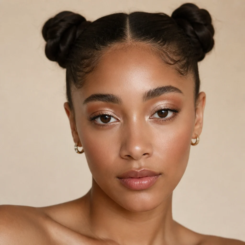 Front view of a model with a frosted white brow-bone highlight, soft bronze lid, and two high space buns