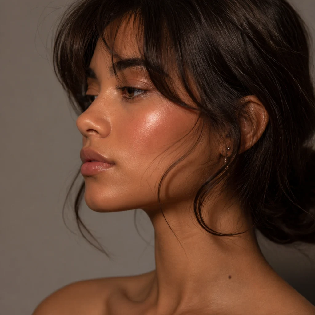 Side profile of a model with a peachy cream cheek glow and long, feathered curtain bangs