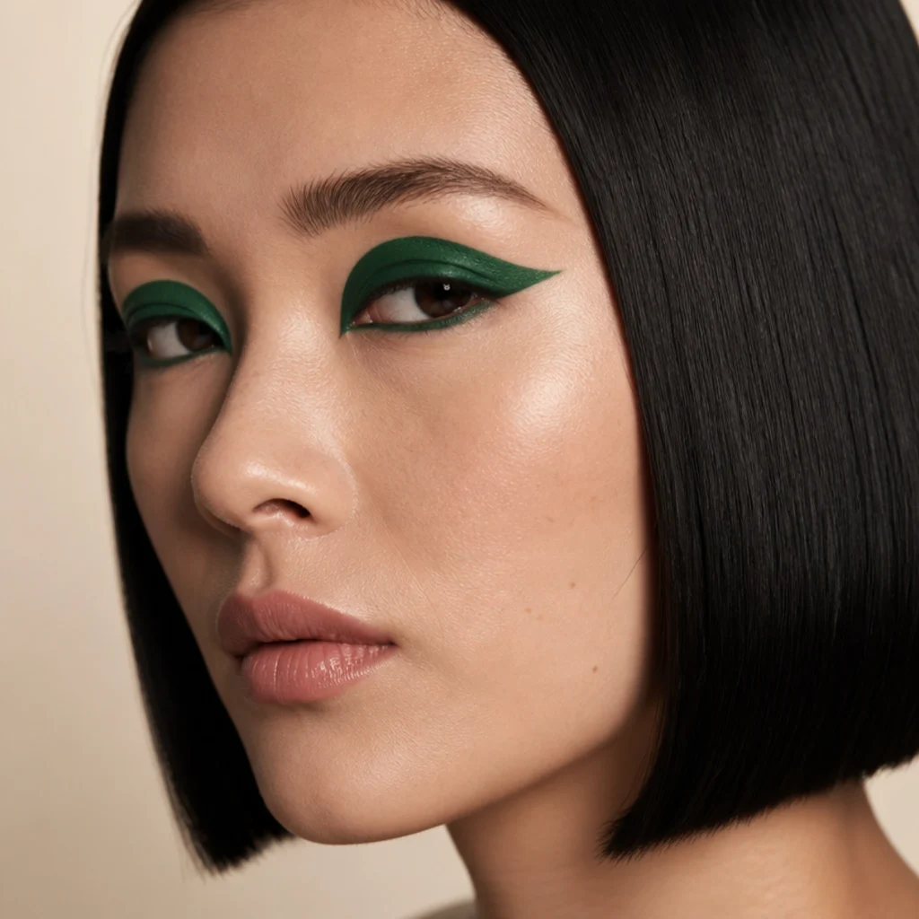 Close-up of a model with a defined emerald cut crease and a blunt, chin-length sleek bob