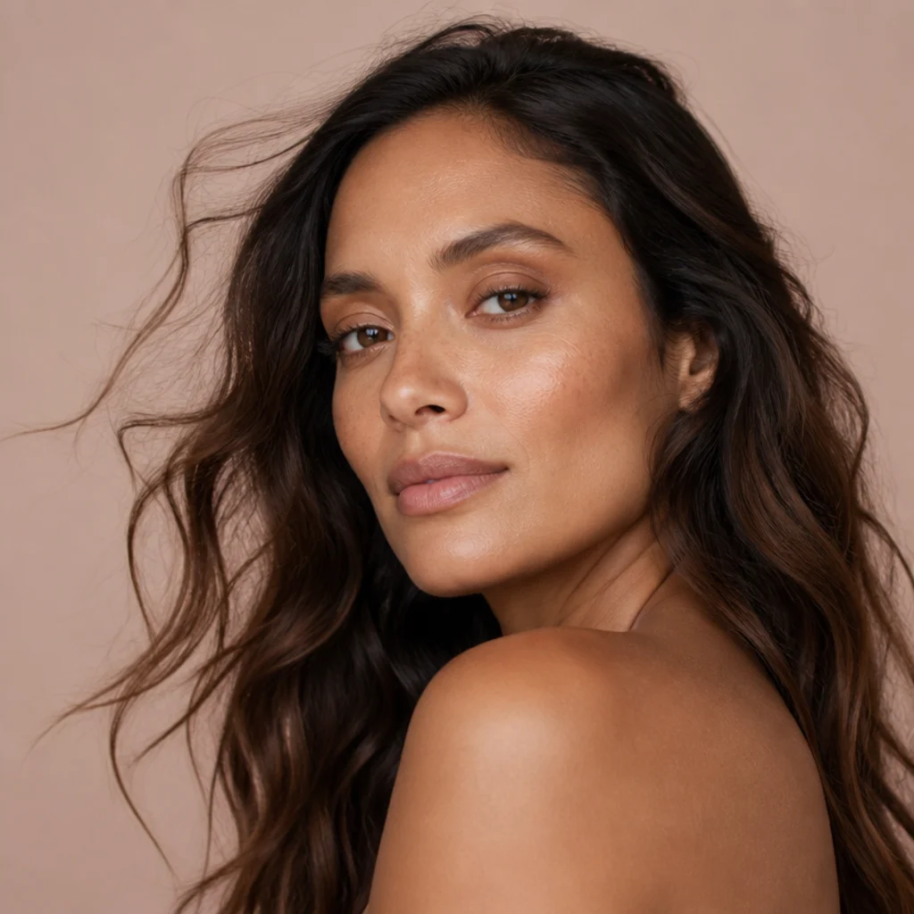 Three-quarter view of a model with a warm nude beige eye and long, loose beachy waves