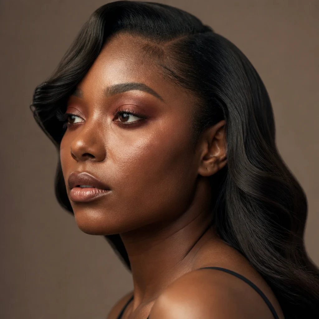 Side view of a model with a rust-toned smoky eye and a deep side-parted, sculpted wave over the brow