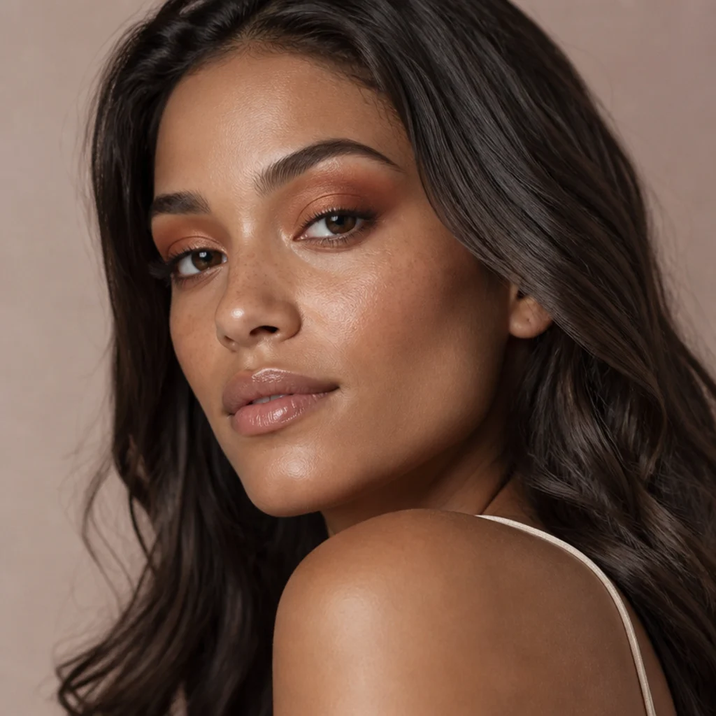 Three-quarter view of a model with a bronze-to-copper sunset gradient eye and long, flowing brushed-out waves