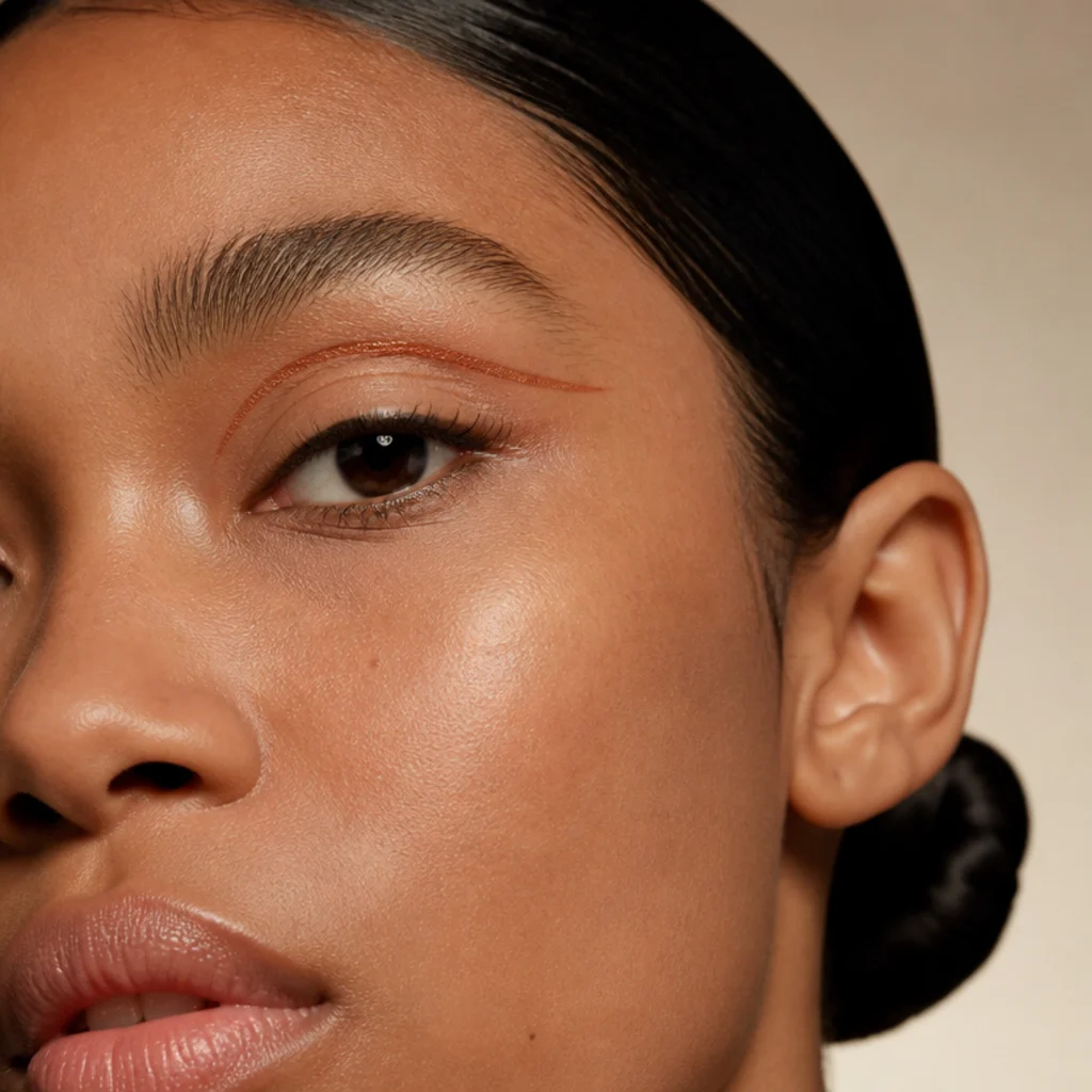 Close-up of a model with a graphic floating liner in warm russet above the crease and a low, slicked chignon