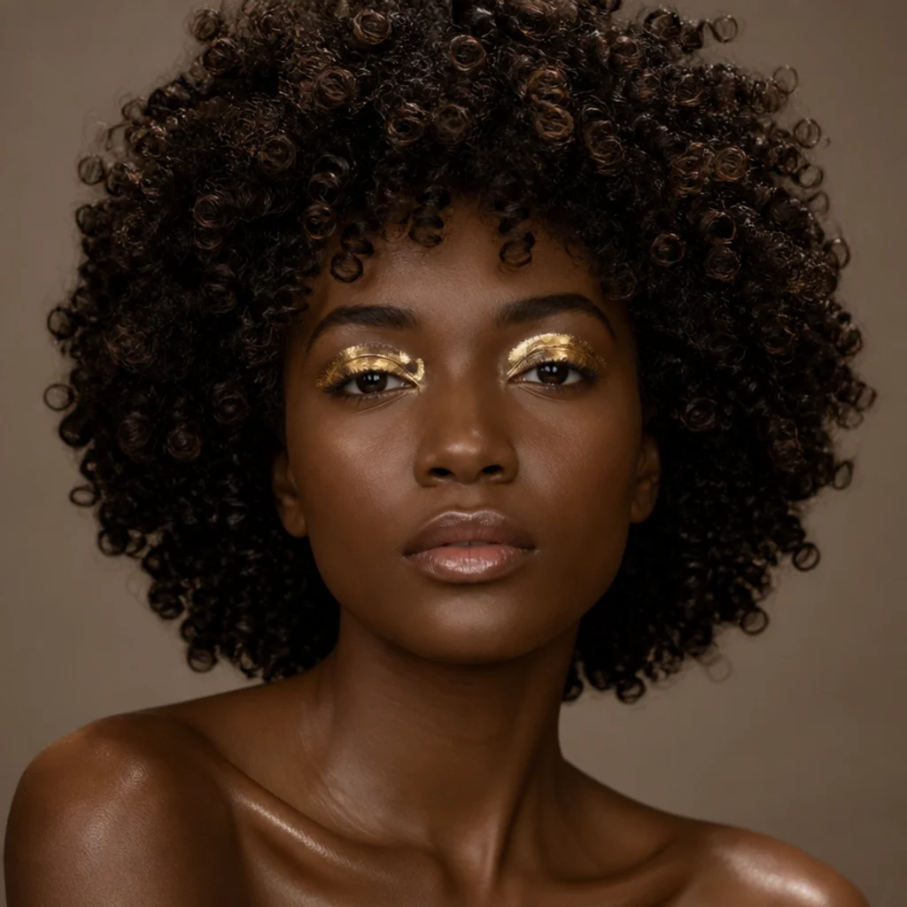 Front view of a model with a reflective gold foil lid and tight, bouncy disco curls