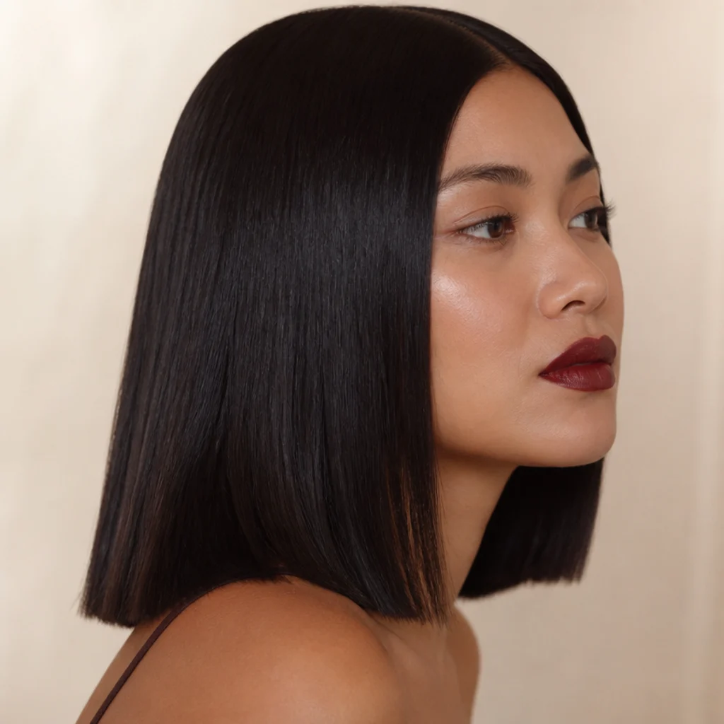 Side profile of a model with a matte mahogany lip and glossy, middle-parted, sheet-straight hair with blunt ends