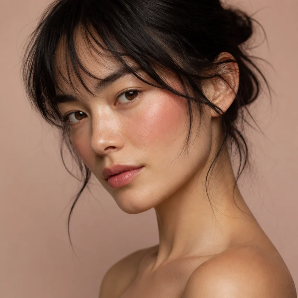Three-quarter view of a model with peach blush draped from cheek to temple and a soft, wispy, piecey fringe
