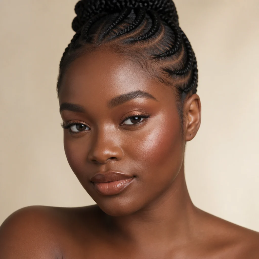 Front view of a model with an all-over bronze monochrome face and a sculpted cornrow updo with clean parts