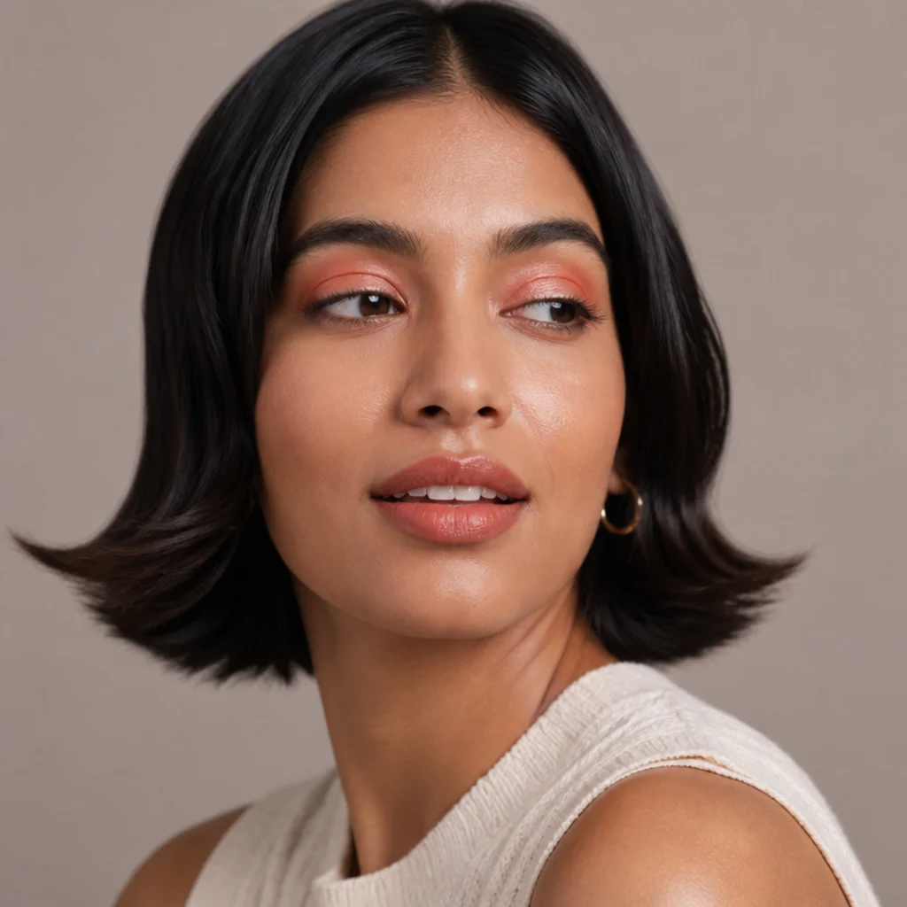 Close-up of a model with a coral cream lid and a bouncy, chin-length bob flipped outward at the ends