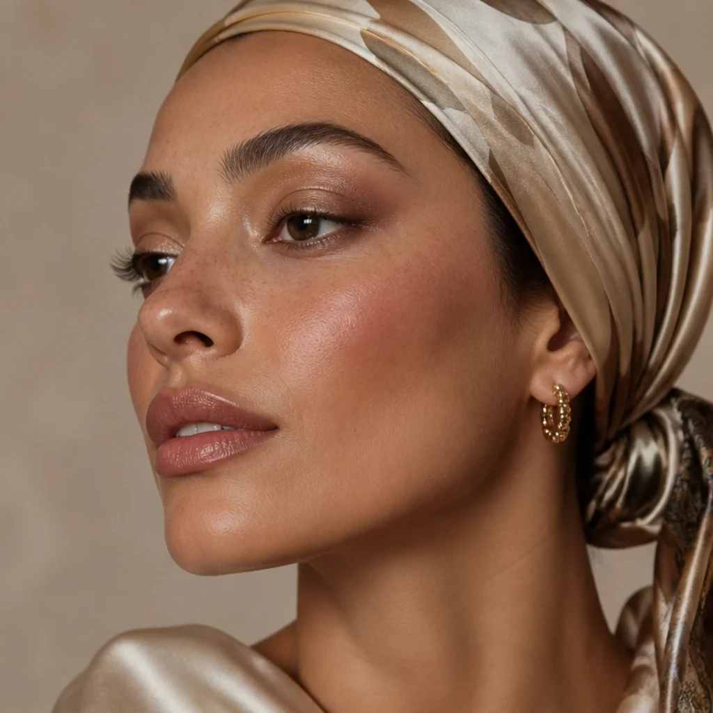 Side view of a model with a champagne shimmer lid and a silky, patterned headscarf wrap