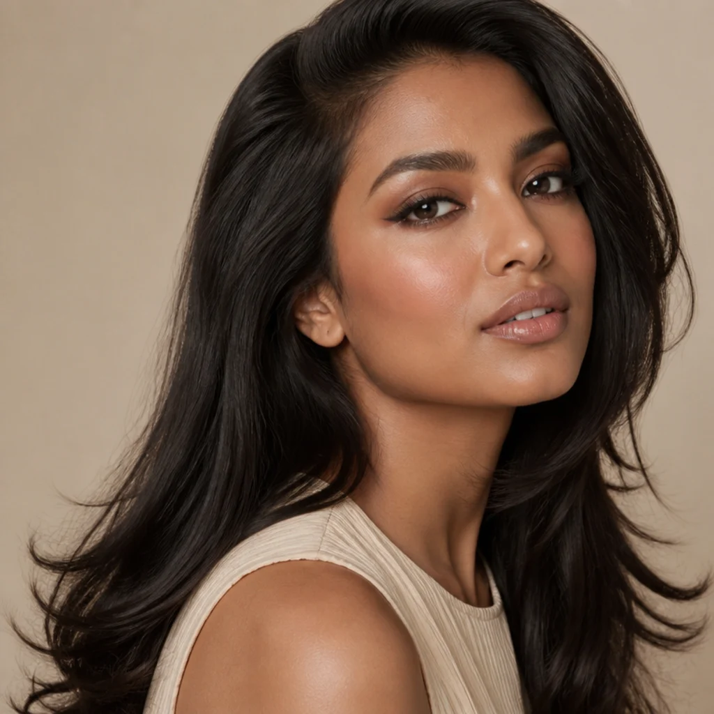 Three-quarter view of a model with a smoky bronze cat eye and a full, voluminous blowout with root lift