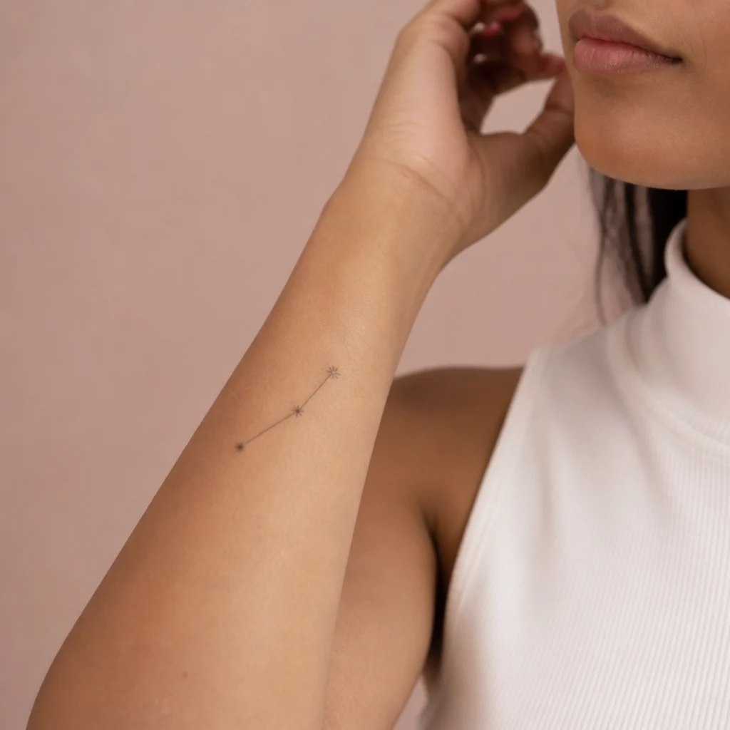 Delicate fine-line Aries constellation with four connected stars in thin warm-grey ink on an inner forearm