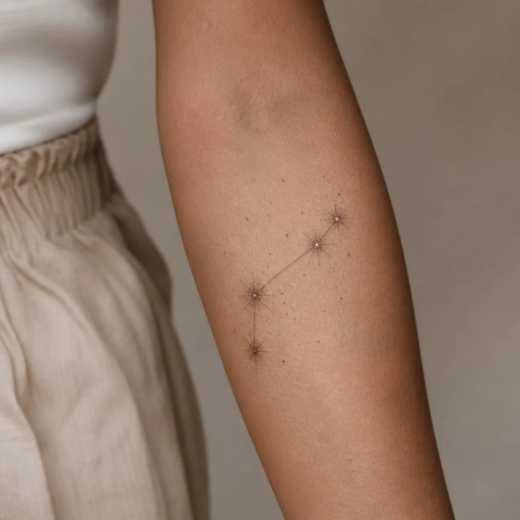 Dotwork Aries star map with stippled stars and faint connecting lines running along a forearm
