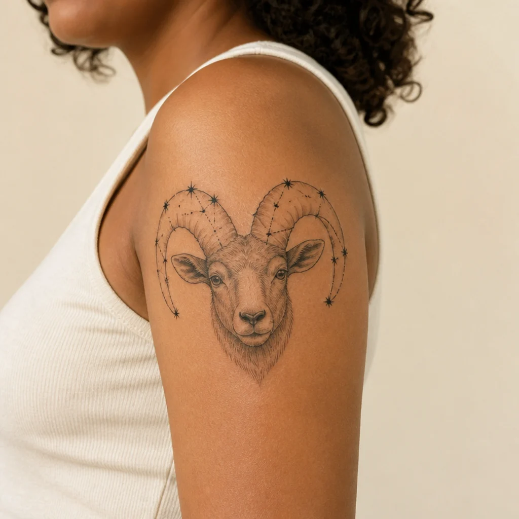 Aries ram tattoo where the curled horns are formed from connected constellation stars in black and grey
