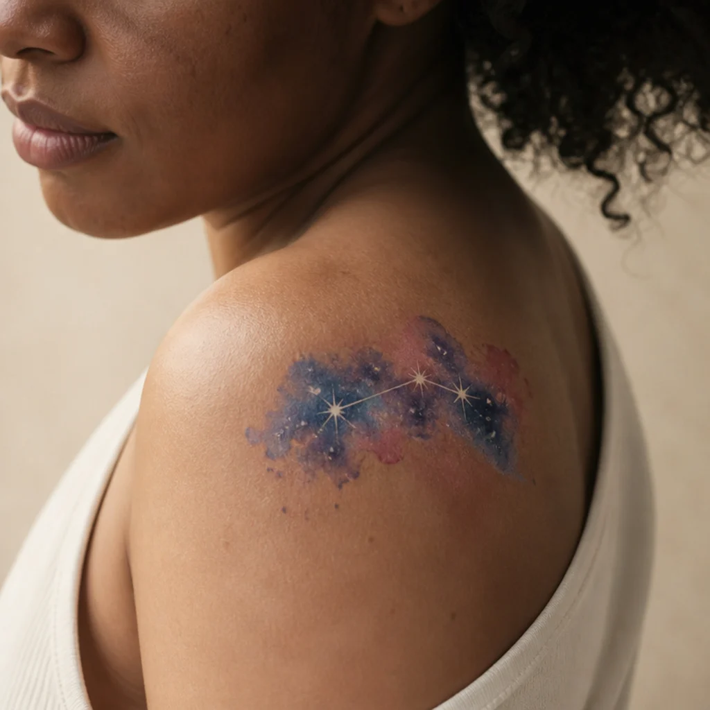 Watercolor Aries constellation with soft blue and violet nebula washes behind white star points