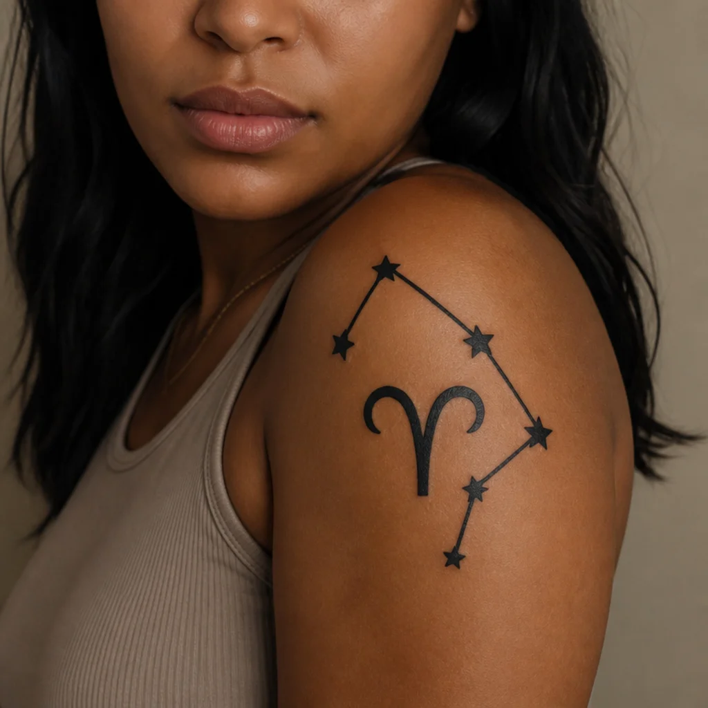 Bold blackwork Aries constellation with heavy solid stars and thick connecting lines on a shoulder