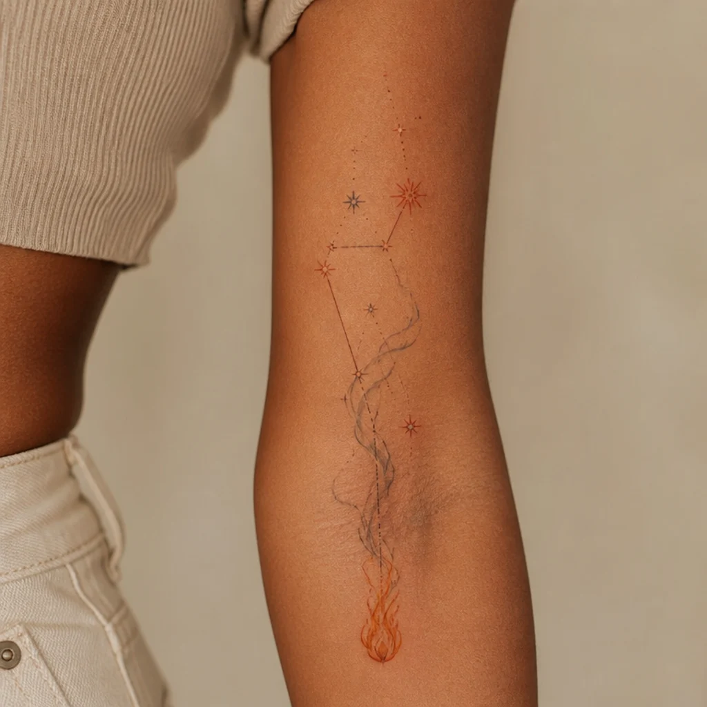 Aries fire tattoo blending flame shapes with a constellation of stars in orange and grey ink