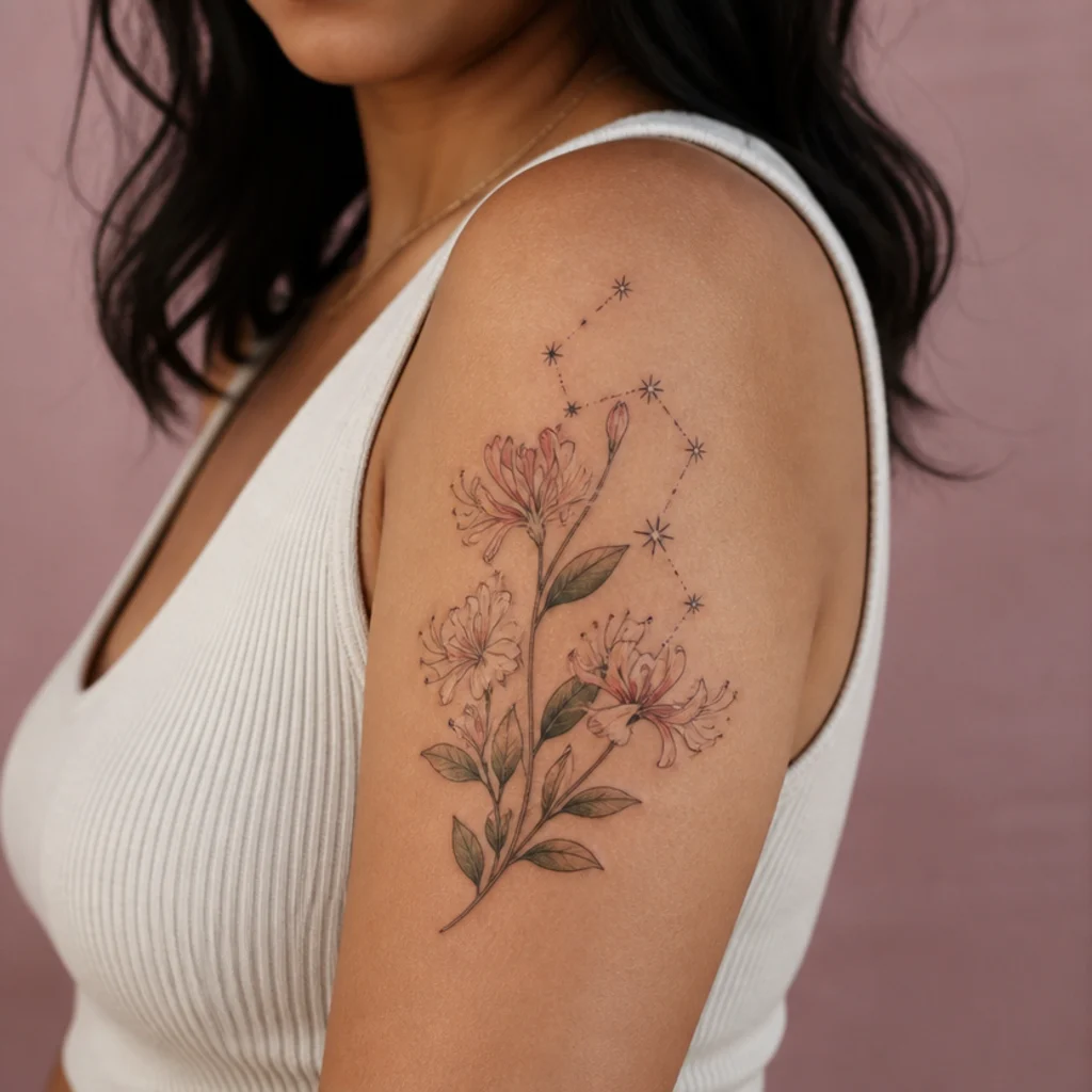 Aries flower tattoo pairing honeysuckle blooms with a fine-line constellation on the upper arm
