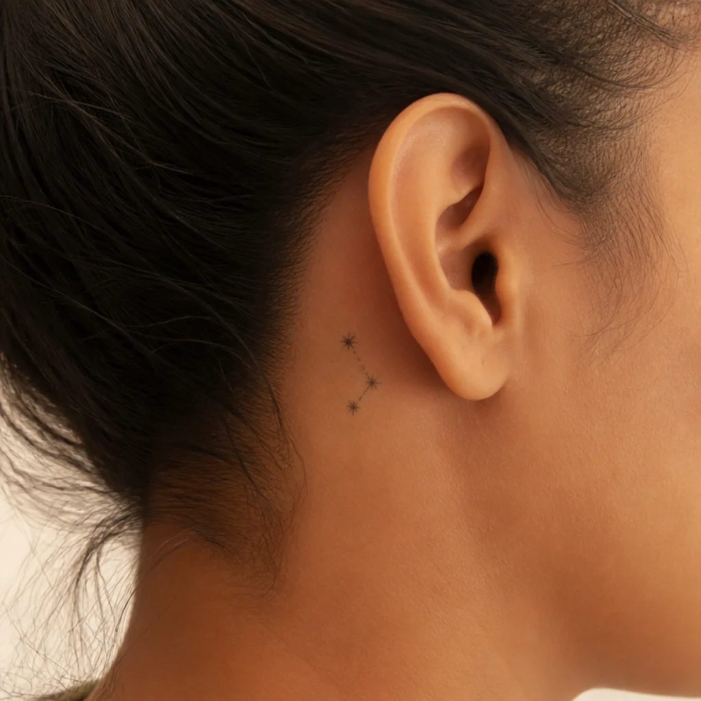 Tiny Aries constellation of four small stars tucked behind the ear in delicate grey ink