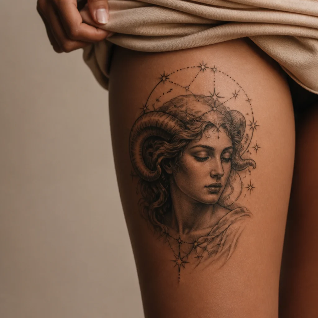 Aries goddess tattoo of a serene female figure with a ram-horn headdress and constellation halo