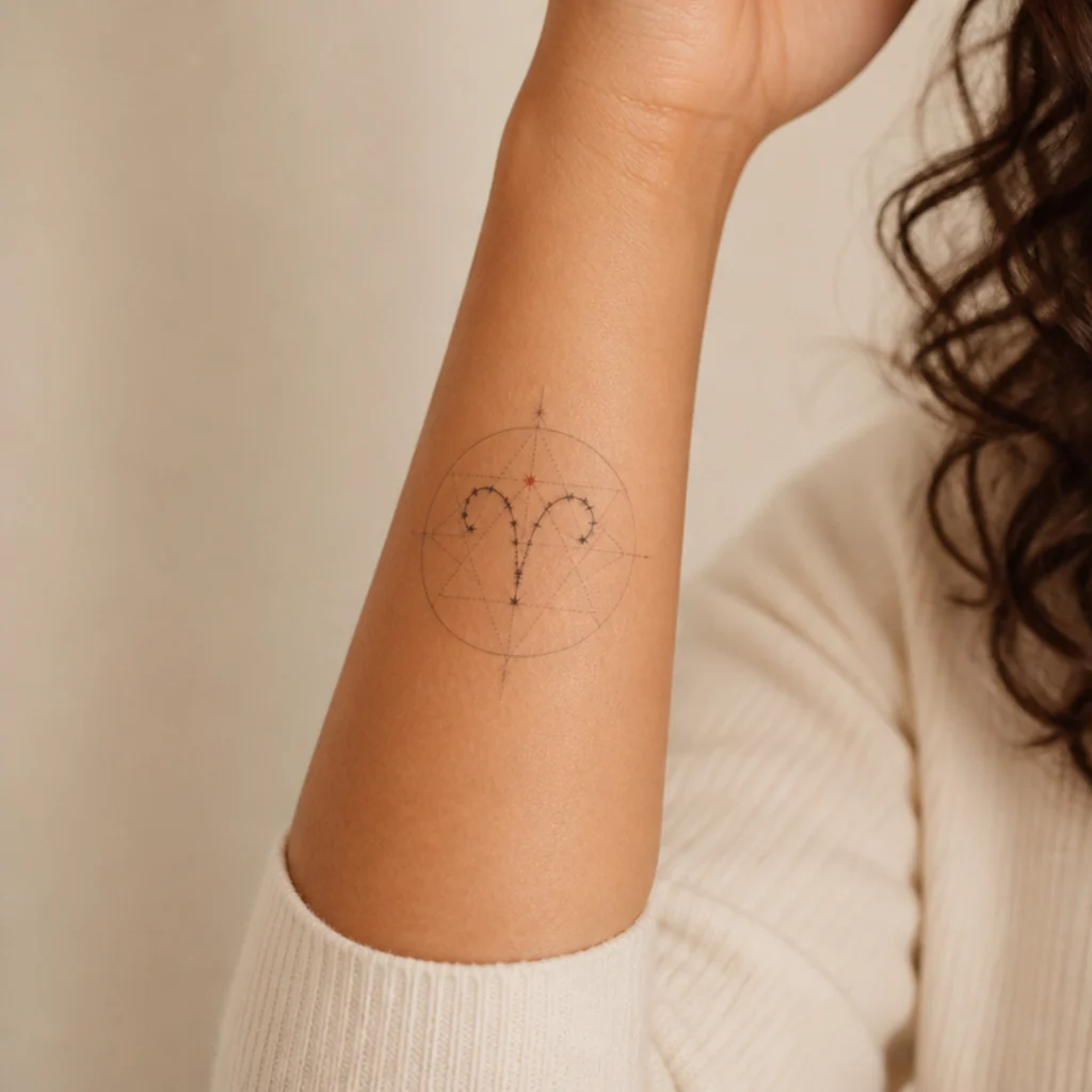 Geometric Aries constellation framed by fine sacred-geometry lines and a thin circle on the forearm