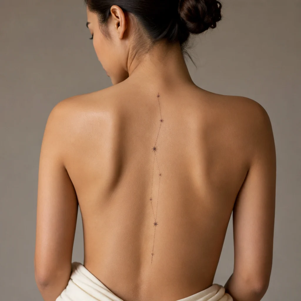 Vertical Aries constellation running down the center of the spine with evenly spaced stars