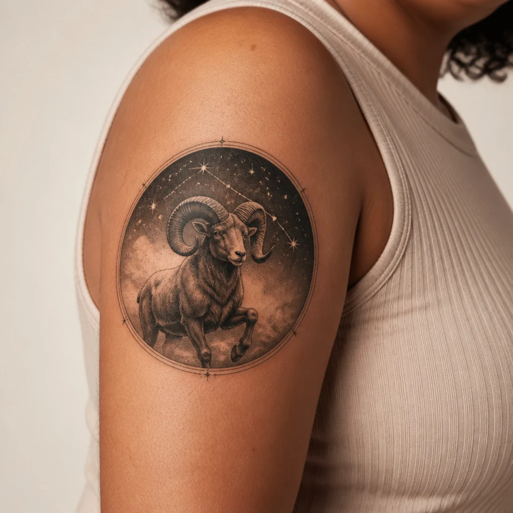 Aries ram tattoo of a full ram inside a starry circular frame with dotwork night sky