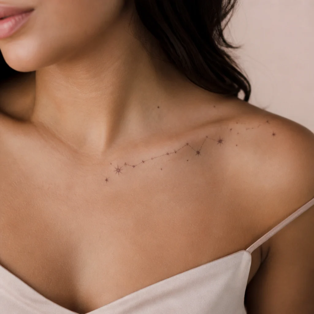 Aries constellation trailing along the collarbone with fine stars following the bone line