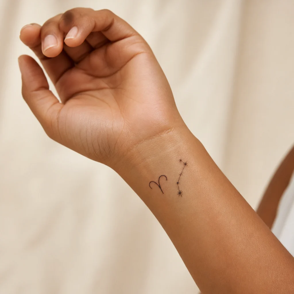 Aries ram glyph symbol combined with a small constellation of stars in clean black line on the wrist